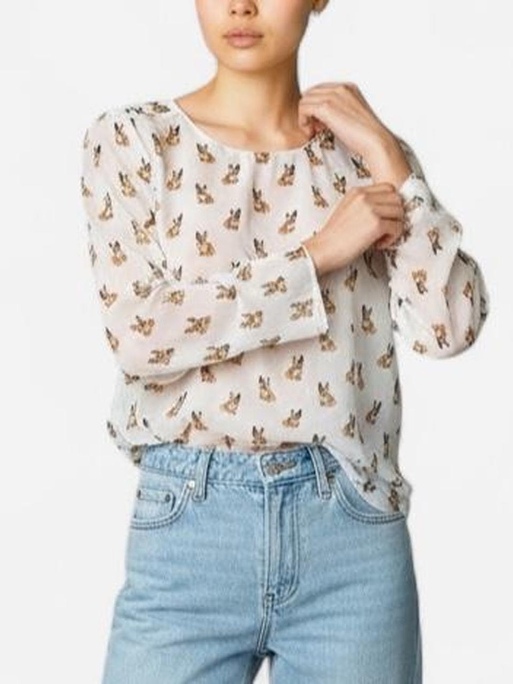 Zara Sheer White Cream Chiffon French Bulldog Pattern Studded Blouse sz S